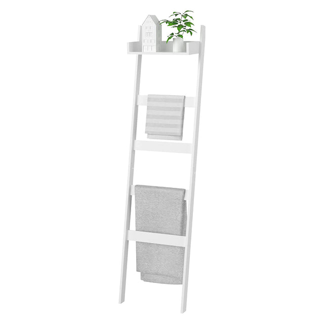 Blanket Ladder, 5 Tier Towel Racks with Shelf, Bamboo Blanket Holder, Decorative Blanket, Quilt, Towel, Scarf Ladder Shelves for Livingroom, Bedroom, Bathroom, Farmhouse (White)