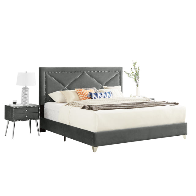 B109 King bed with one nightstand,Beautiful brass studs adorn the headboard, strong wooden slats + metal legs with Electroplate