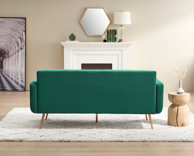 Modern green velvet sand living room sofa with midfoot and two throw pillows