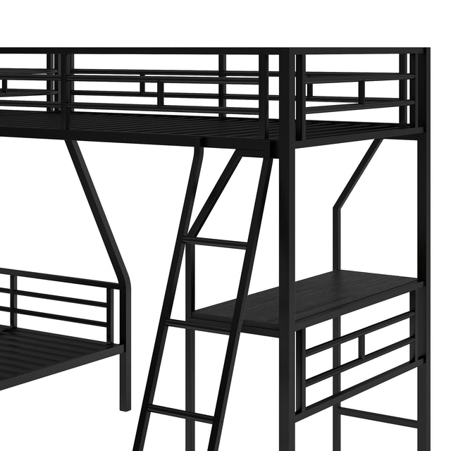 Twin over Full Bunk Bed with a Twin Size Loft Bed attached, with a Desk, Metal, Black