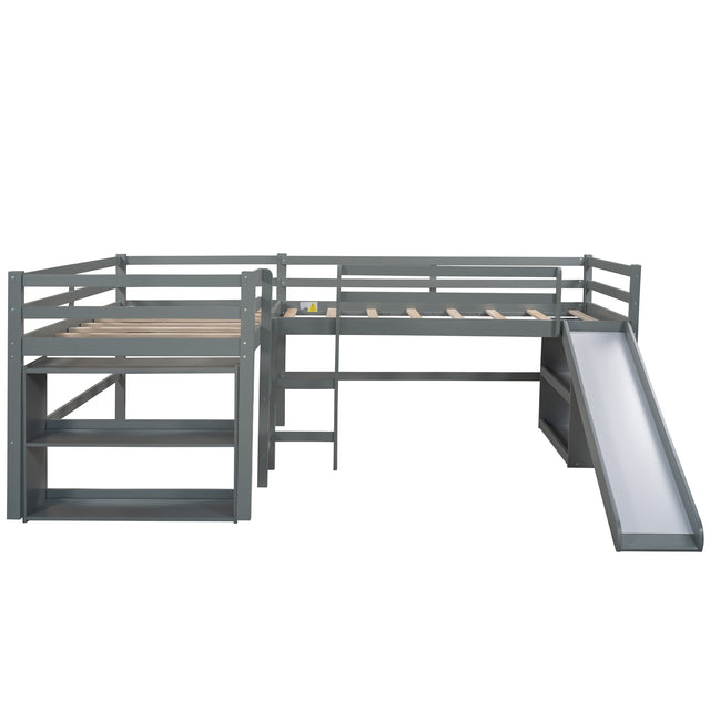 Twin Size L-Shaped Loft Bed with Movable Two-Tier Shelves and Slide,Gray