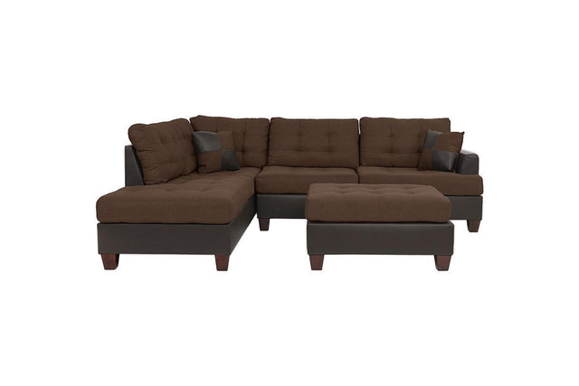 Sectional Sofa Chocolate Polyfiber Cushion Tufted Reversible 3pc Sectional Sofa, Chaise  Ottoman Living Room Furniture