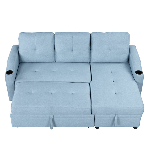 80.3" Orisfur. Pull Out Sofa Modern Padded Upholstered Sofa , Linen Fabric 3 Seater Couch with Storage Chaise and Cup Holder , Small Couch for Small Spaces