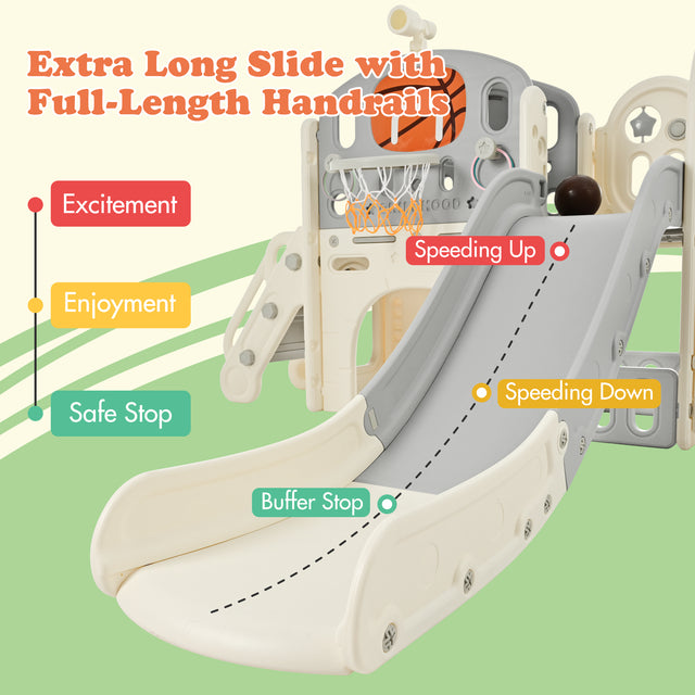 Kids Slide Playset Structure 9 in 1, Freestanding Castle Climbing Crawling Playhouse with Slide, Arch Tunnel, Ring Toss, Realistic Bus Model and Basketball Hoop, Toy Storage Organizer for Toddlers