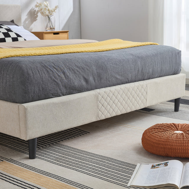 Full Size Platform Bed Frame with Fabric Upholstered Headboard and Wooden Slats Support, Fully Upholstered Mattress Foundation/No Box Spring Needed/Easy Assembly, Beige