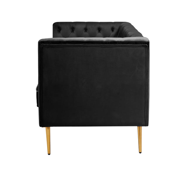 Modern Flat Armrest Living Room Sofa Black Three Seat Sofa With Two Throw Pillows