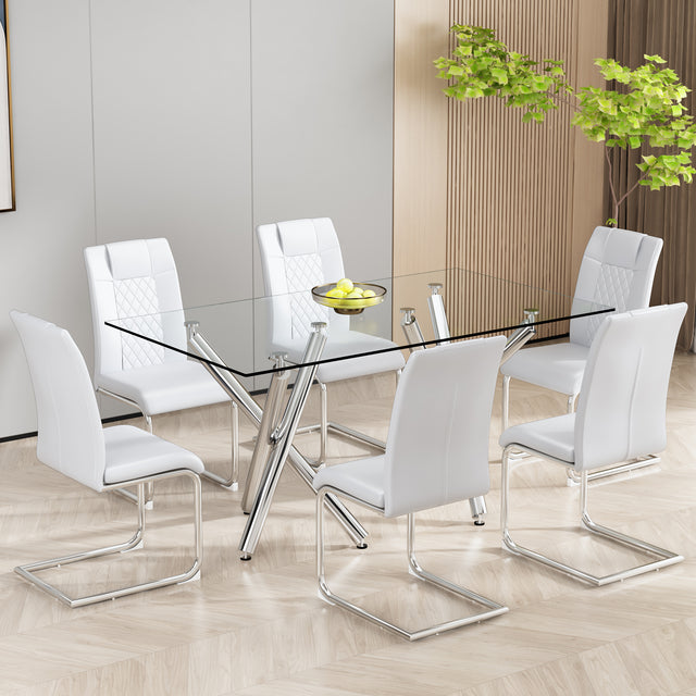Modern Dining Chairs with Faux Leather Padded Seat Dining Living Room Chairs Upholstered Chair with Metal Legs Design for Kitchen, Living, Bedroom, Dining Room Side Chairs Set of 6 (White+PU Leather)