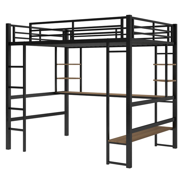 Full Size Loft Metal&MDF Bed with Long Desk and Shelves,Black(OLD SKU:SM000608AAB-1)