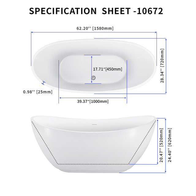 62" 100% Acrylic Freestanding Bathtub，Contemporary Soaking Tub，white Bathtub