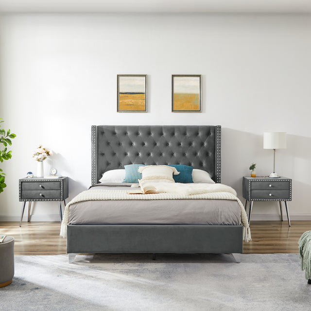 B100S Queen bed with one nightstand, Button designed Headboard,strong wooden slats + metal legs with Electroplate