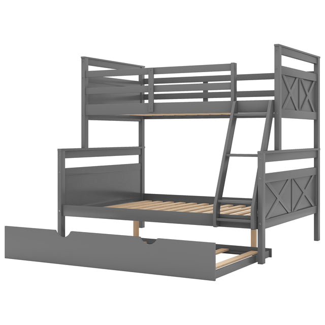 Twin over Full Bunk Bed with Ladder, Twin Size Trundle, Safety Guardrail, Gray