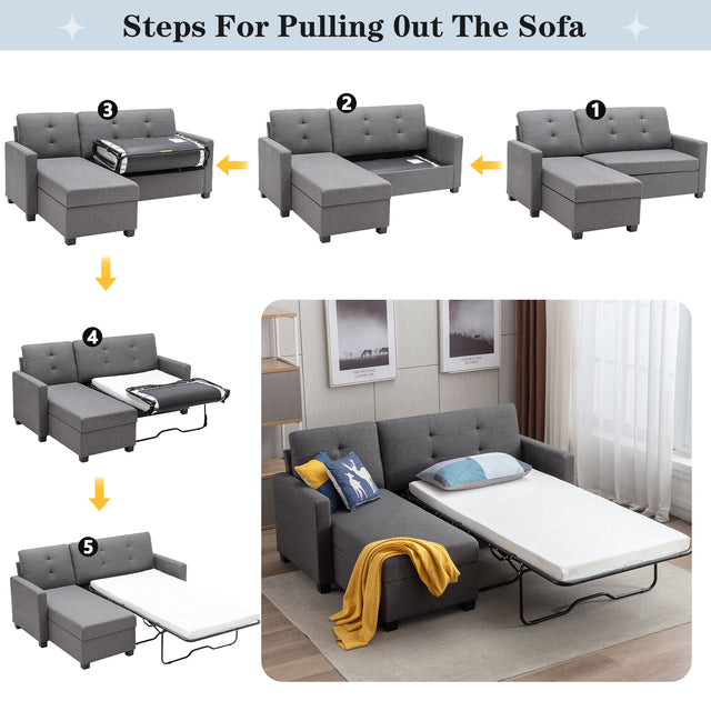 78.3" Convertible Sleeper Sofa Bed,Linen Pull Out Couch with Storage Chaise,Sleeper Counch with Memory Foam Mattress for  Small Space Living Room Bedroom Office,Gray