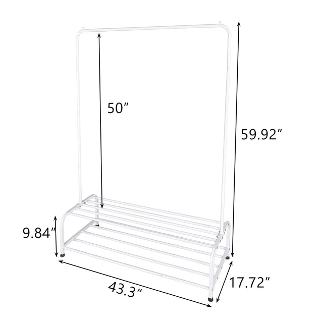 Clothing Garment Rack with Shelves, Metal Cloth Hanger Rack Stand Clothes Drying Rack for Hanging Clothes,with Top Rod Organizer Shirt Towel Rack and Lower Storage Shelf for Boxes Shoes Boots, White