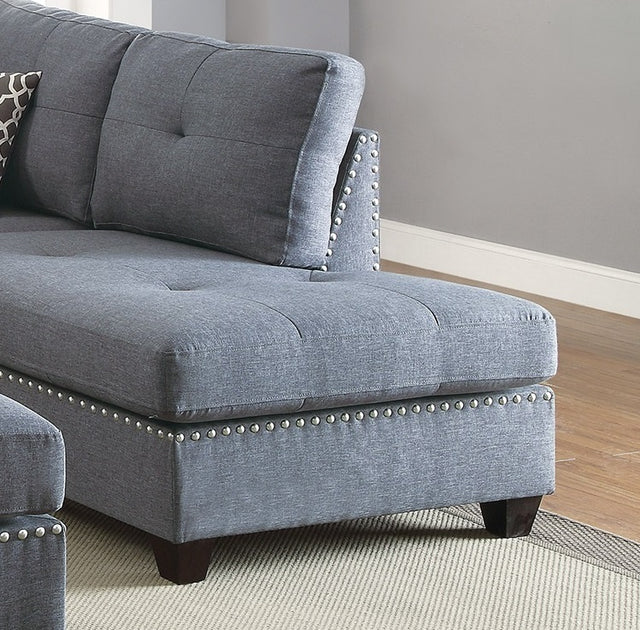 3-pcs Sectional Sofa Blue Grey Polyfiber Cushion Sofa Chaise Ottoman Reversible Couch Pillows