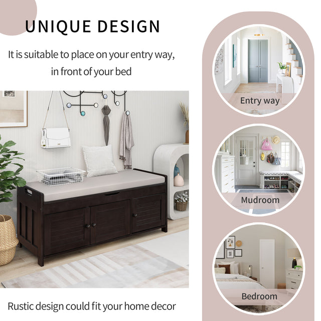 TREXM  Storage Bench with 3 Shutter-shaped Doors,  Shoe Bench with Removable Cushion and Hidden Storage Space (Espresso)