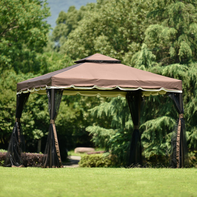 TOPMAX 9.8Ft. Wx9.8Ft.L Outdoor Iron Vented Dome Top Patio Gazebo with Netting for Backyard, Poolside and Deck, Brown