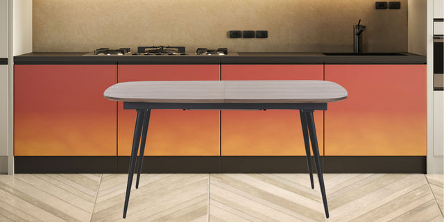 Expandable Wood Dining Table Kitchen Table Small Space Dining Table walnut desk top with Black metal foot