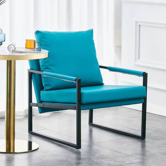 PU Leather Accent Arm Chair Mid Century Modern Upholstered Armchair with Metal Frame Extra-Thick Padded Backrest and Seat Cushion Sofa Chairs for Living Room ( Cyan PU Leather + Metal + Foam )
