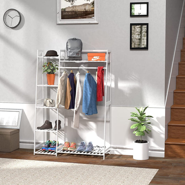 Clothes Rack,Heavy Duty Clothes Rack with Shelves,Freestanding Closet Organizer for Living Bedroom Room Kitchen Bathroom Entryway Office Storage Shelves Clothes Hanging Rack,CR-538 White