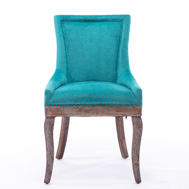 A&A Furniture,Ultra Side Dining Chair，Thickened fabric chairs with neutrally toned solid wood legs， Bronze nail head，Set of 2，Blue