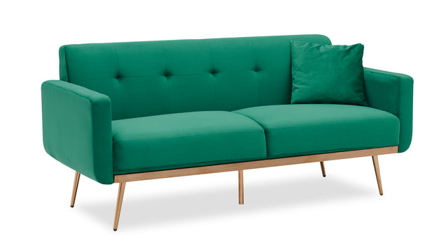 Modern green velvet sand living room sofa with midfoot and two throw pillows
