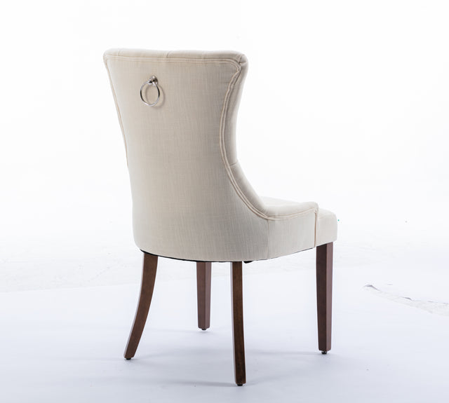 Classic Button Tufted Beige Linen Fabric Upholstered Dining Chair with Solid Wood Legs 2 PCS