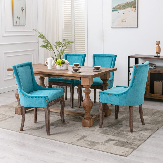 A&A Furniture,Ultra Side Dining Chair，Thickened fabric chairs with neutrally toned solid wood legs， Bronze nail head，Set of 2，Blue