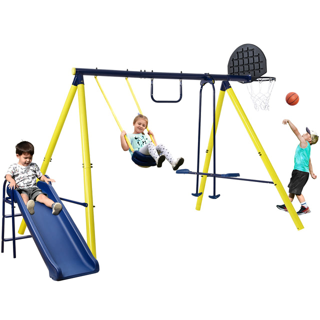5 in 1 Outdoor Toddler Swing Set for Backyard, Playground Swing Sets with Steel Frame, Swing n' Slide Playset for Kids with Seesaw Swing, Basketball Hoop