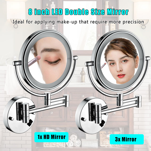 8 Inch LED Wall Mount Two-Sided Magnifying Makeup Vanity Mirror 12 Inch Extension Chrome Finish 1X/3X Magnification Plug 360 Degree Rotation Waterproof Button Shaving Mirror
