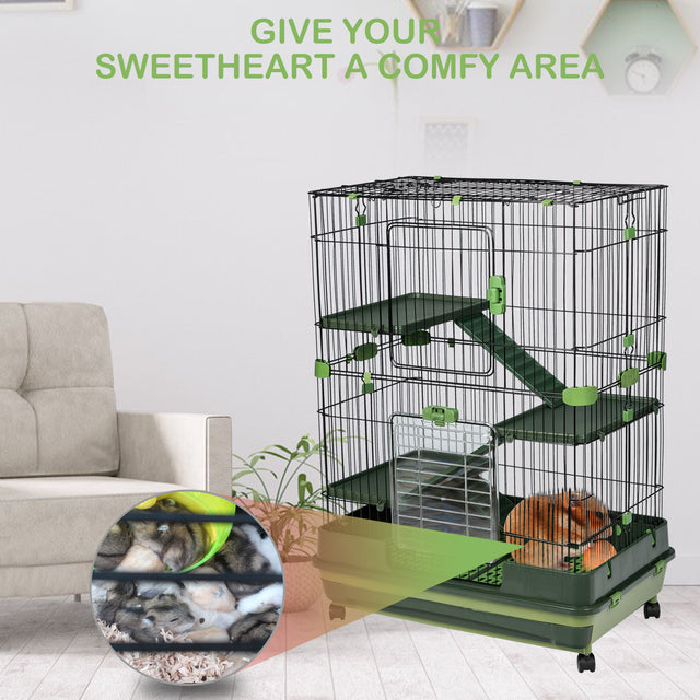 4-Tier 32"Small Animal Metal Cage Height Adjustable with Lockable Casters  Grilles Pull-out Tray for Rabbit Chinchilla Ferret Bunny Guinea Pig Squirrel Hedgehog(GREEN)(=OLD SKU:W69133216)
