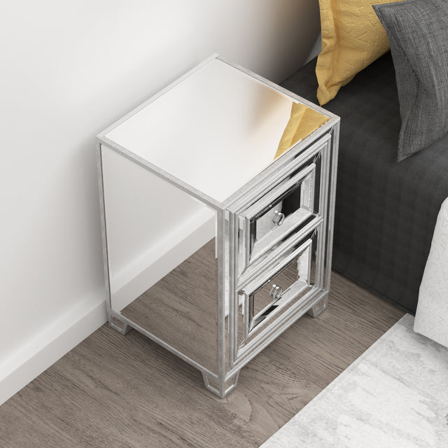 Mirrored Nightstand, Silver Side Table, Antique Painted End Table for Bedroom Living Room