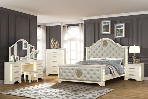 Jasmine King 6 Pc Unique LED Vanity Bedroom Set made with Wood in Beige