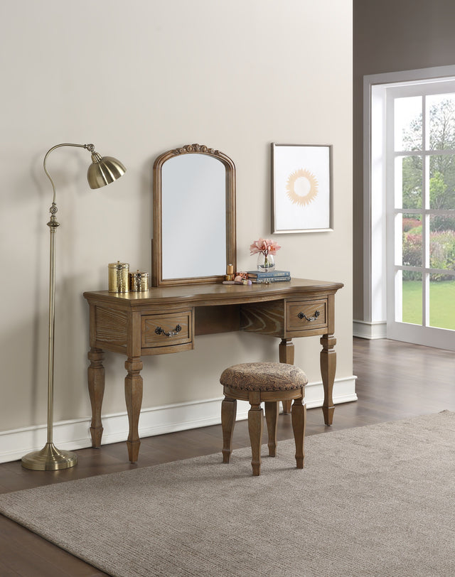 Bedroom Classic Vanity Set Wooden Carved Mirror Stool Drawers Antique Oak Finish