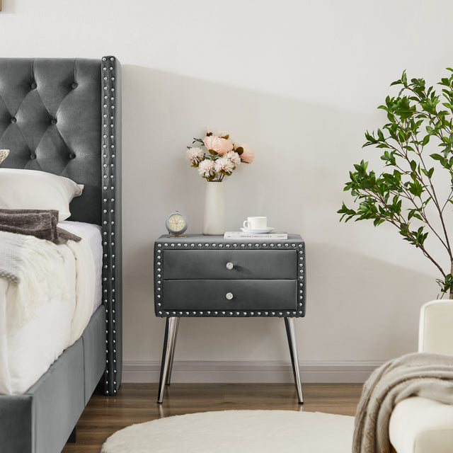 B100S Queen bed with one nightstand, Button designed Headboard,strong wooden slats + metal legs with Electroplate