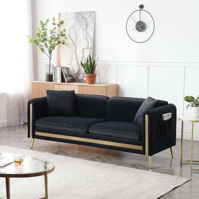 77.2” Modern Upholstered Velvet Sofa 3 Seater Couch with Removable Cushions Side Pocket Mid-Century Tufted Living Room Set Gold Metal Legs,2 Pillows Included,Black