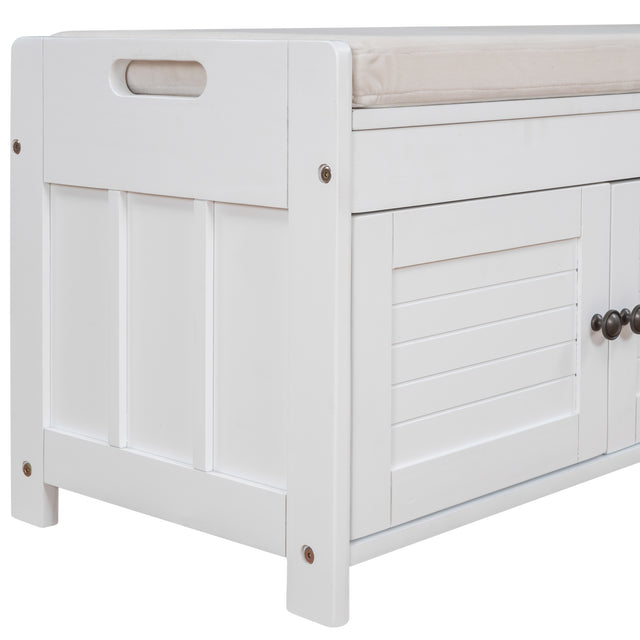TREXM  Storage Bench with 3 Shutter-shaped Doors,  Shoe Bench with Removable Cushion and Hidden Storage Space (White)
