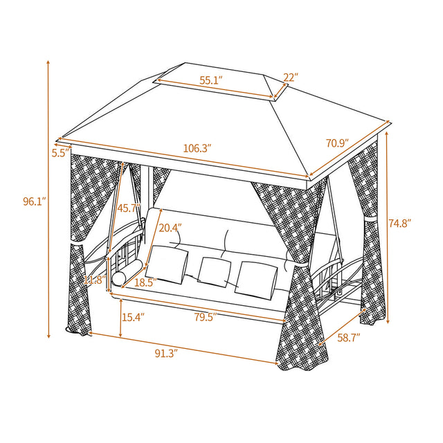 [VIDEO provided] U_STYLE 8.9 Ft. W x 5.9 Ft. D Outdoor Gazebo with Convertible Swing Bench, Double Roof Soft Canopy Garden Backyard Gazebo with Mosquito Netting Suitable for Lawn, Garden, Backyard