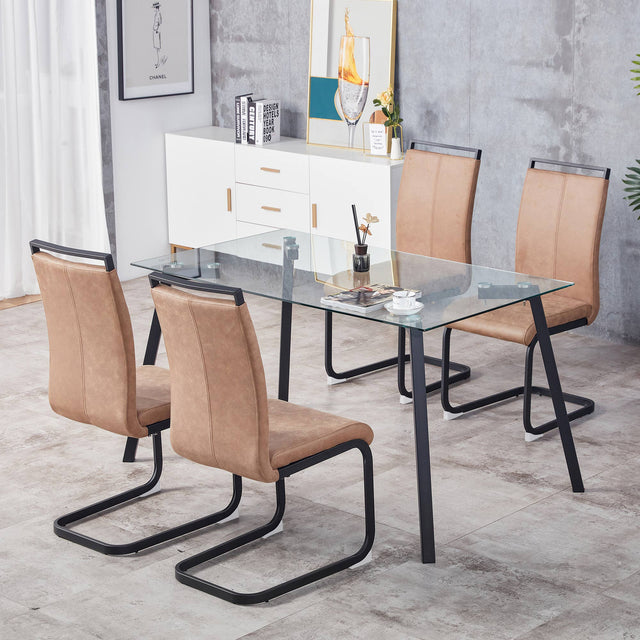 Glass Dining Table and Brown Dining Chair 4-Piece Set  Rectangular 0.31" Tempered Glass Tabletop and Black Coating Metal Dining Table size 47" W x 31"D x 30" H
