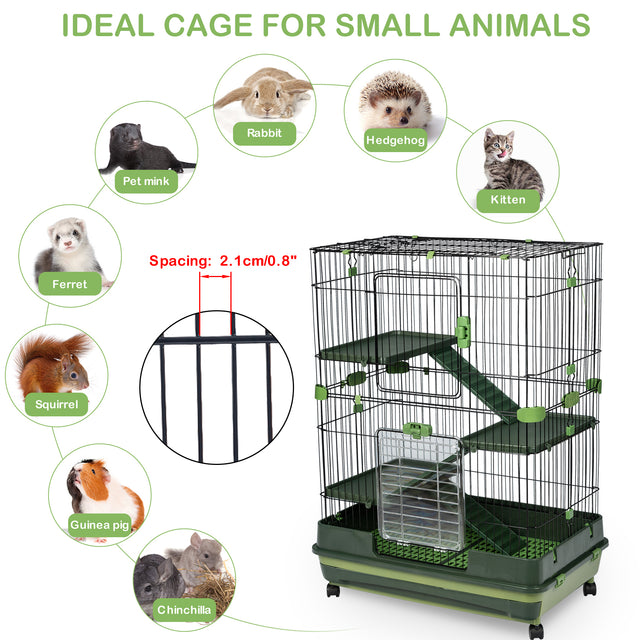 4-Tier 32"Small Animal Metal Cage Height Adjustable with Lockable Casters  Grilles Pull-out Tray for Rabbit Chinchilla Ferret Bunny Guinea Pig Squirrel Hedgehog(GREEN)(=OLD SKU:W69133216)