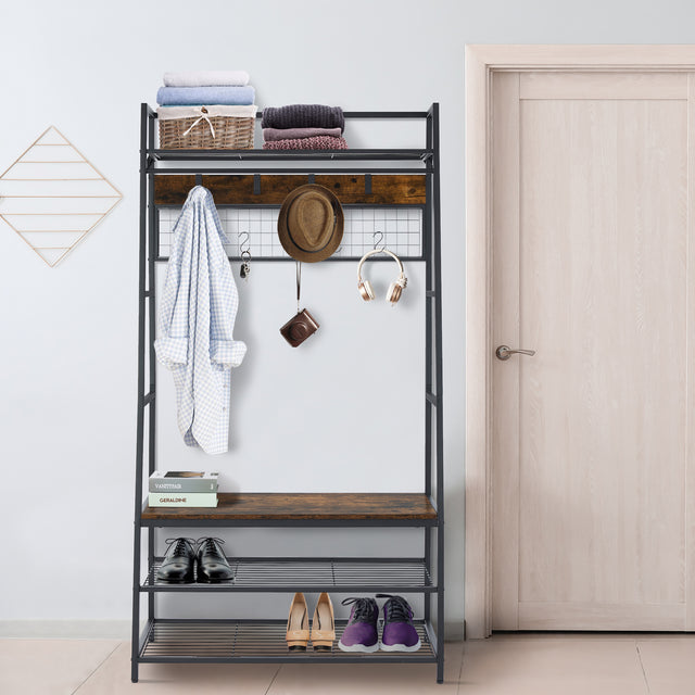 Coat Rack Entryway Organizer/ Hall Tree with Bench, Shoe Storage and Multiple Coat Hooks