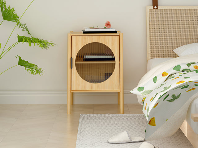 1 Door nightstand,Bamboo Mid Century Modern Nightstand,Bedside Table Accent End Table Side Table for Bedroom, Living Room, Natural