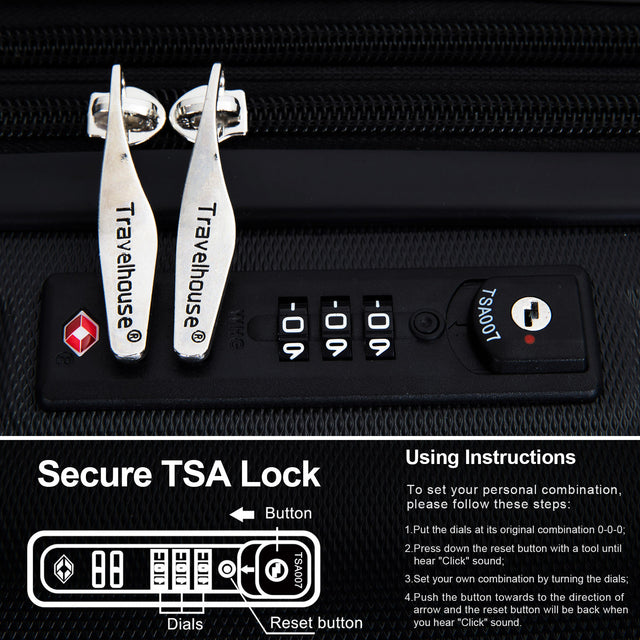 Expandable 3 Piece Luggage Sets ABS Lightweight Suitcase with Two Hooks, Spinner Wheels, TSA Lock, (20/24/28) Black