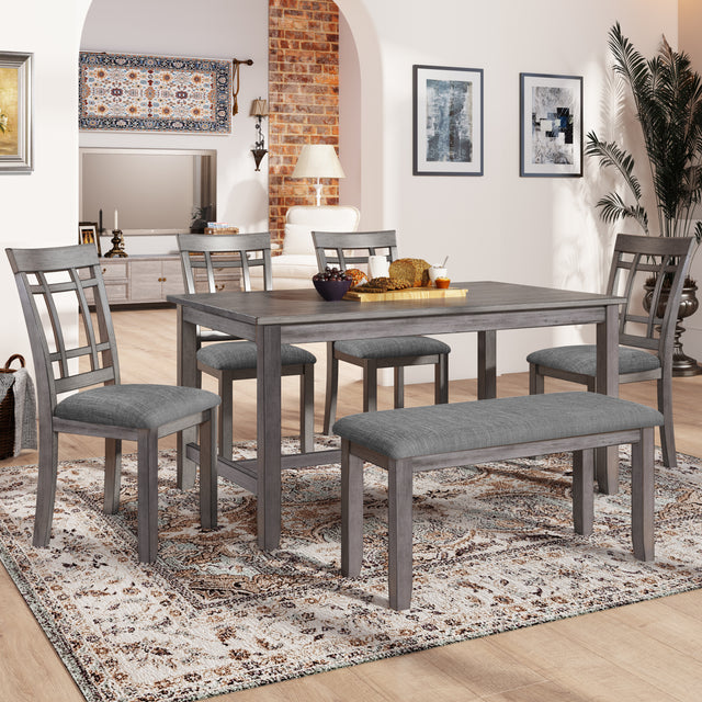 TOPMAX 6 Piece Wooden Dining Table set, Kitchen Table set with 4 Chairs and Bench, Farmhouse Rustic Style, Antique Graywash