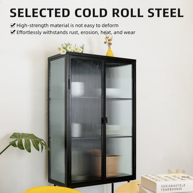 Retro Style Fluted Glass High Cabinet Storage Dual Doors Three Detachable Wide Shelves Enclosed Dust-free Storage for Living Room Bathroom Dining Room Kitchen Room Entryway,BLACK (OLD SKU:W68734128)