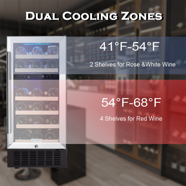 SOTOLA 15 Dual Zone Inch Wine Cooler Refrigerators 28 Bottle Fast Cooling Low Noise Wine Fridge with Professional Compressor Stainless Steel, Digital Temperature Control Screen Built-in or Freestandin
