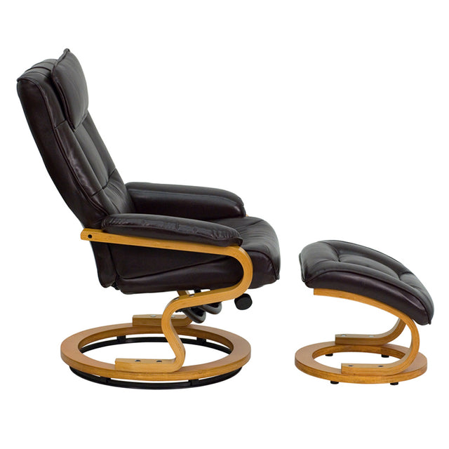 Contemporary Brown Leather Recliner and Ottoman with Swiveling Maple Wood Base