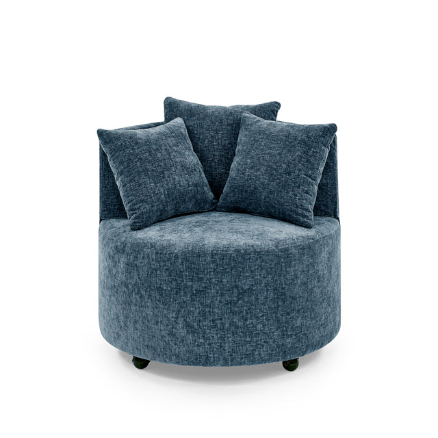 Modern Chenille Upholstered Swivel Backrest Chair for Living Room, with Movable Wheels, Including 3 Pillows, Navy