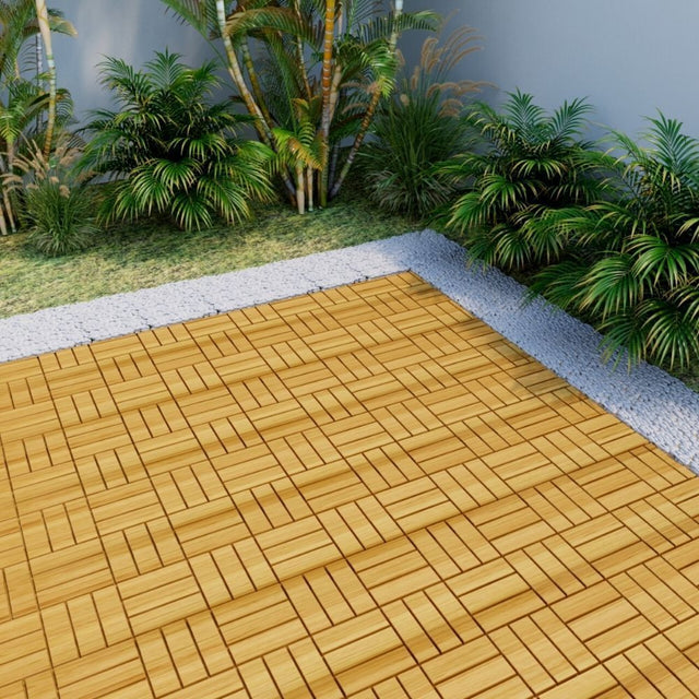 12" x 12" Square Teak Wood Interlocking Flooring Tiles Checker Pattern Pack of 10 Tiles