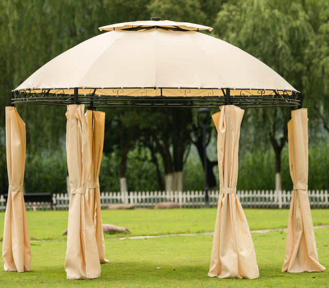 [VIDEO provided] U-style Outdoor Gazebo Steel Fabric Round Soft Top Gazebo，Outdoor Patio Dome Gazebo with Removable Curtains
