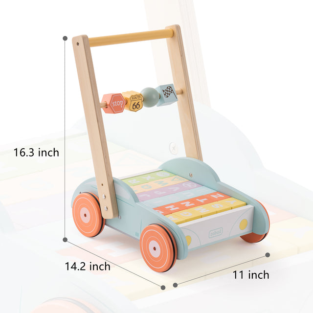 Wooden Baby Walker with Building Blocks, Push Walker for Baby Boys and Girls Learning to Walk Toddler Gift for 1 2 3 Year Old